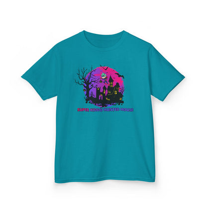 Kids Heavy Cotton™ Tee - Super kiddo flying on hunted house - [[{"value":"Wonderwear Kid"}]]