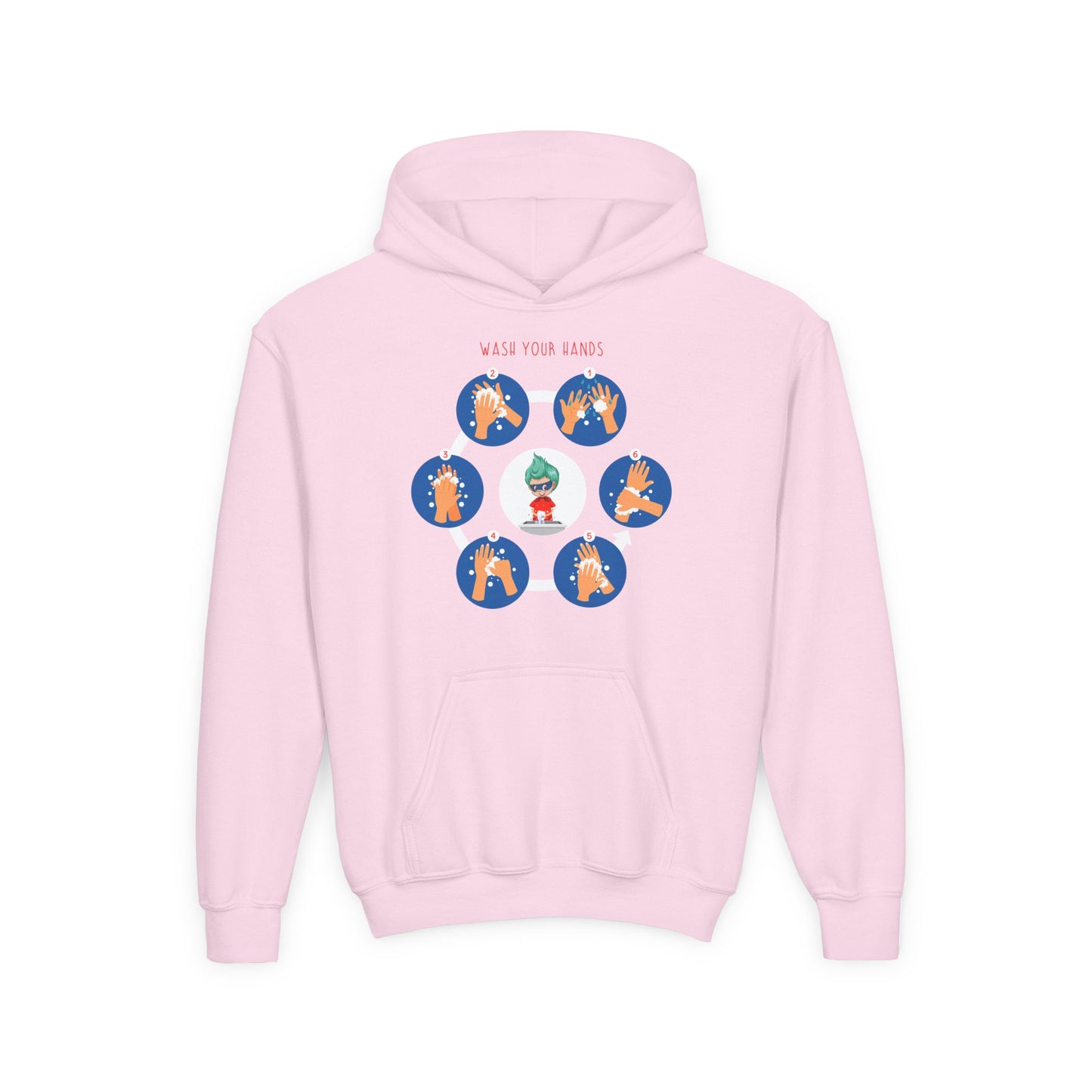 Youth Heavy Blend Hooded Sweatshirt - Super kiddo teaching how to wash hands