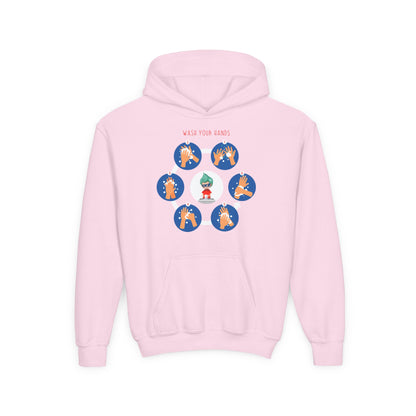 Youth Heavy Blend Hooded Sweatshirt - Super kiddo teaching how to wash hands - [[{"value":"Wonderwear Kid"}]]