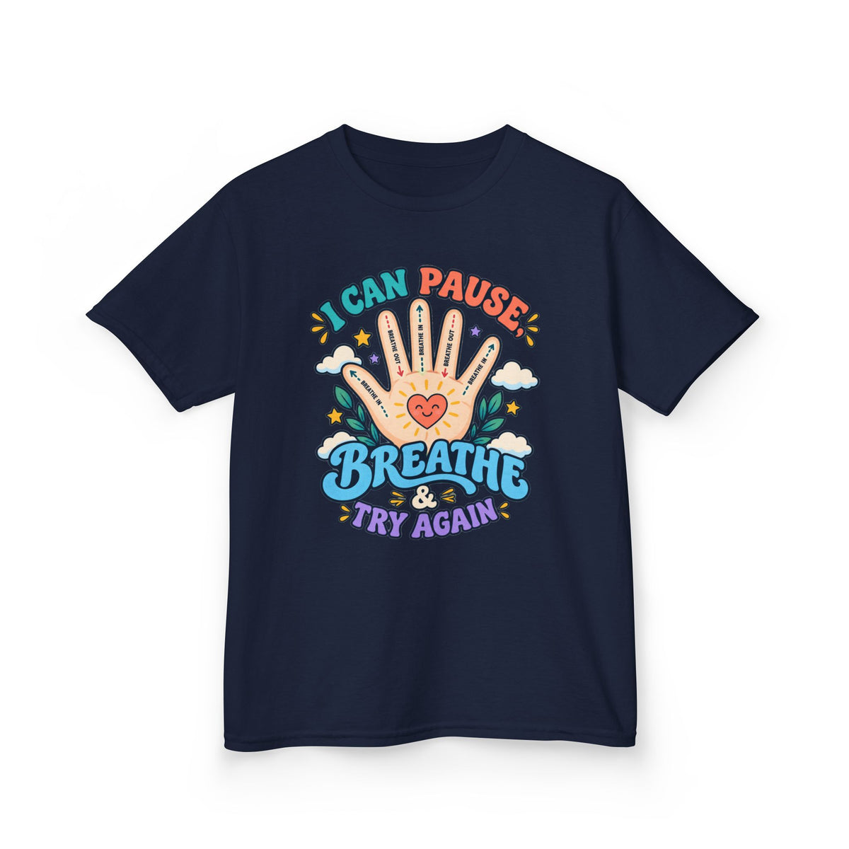 Kids Heavy Cotton™ Tee - Pause, Breathe, Try Again Hand Guide