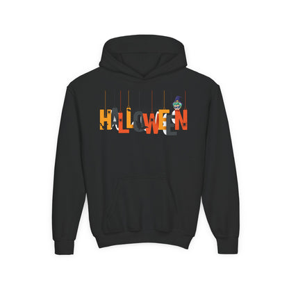 Youth Heavy Blend Hooded Sweatshirt - Holloween hanging letters Printify