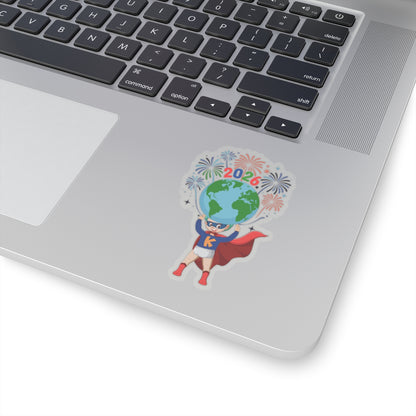 Kiss-Cut Stickers - Super kiddo holding globe - [[{"value":"Wonderwear Kid"}]]