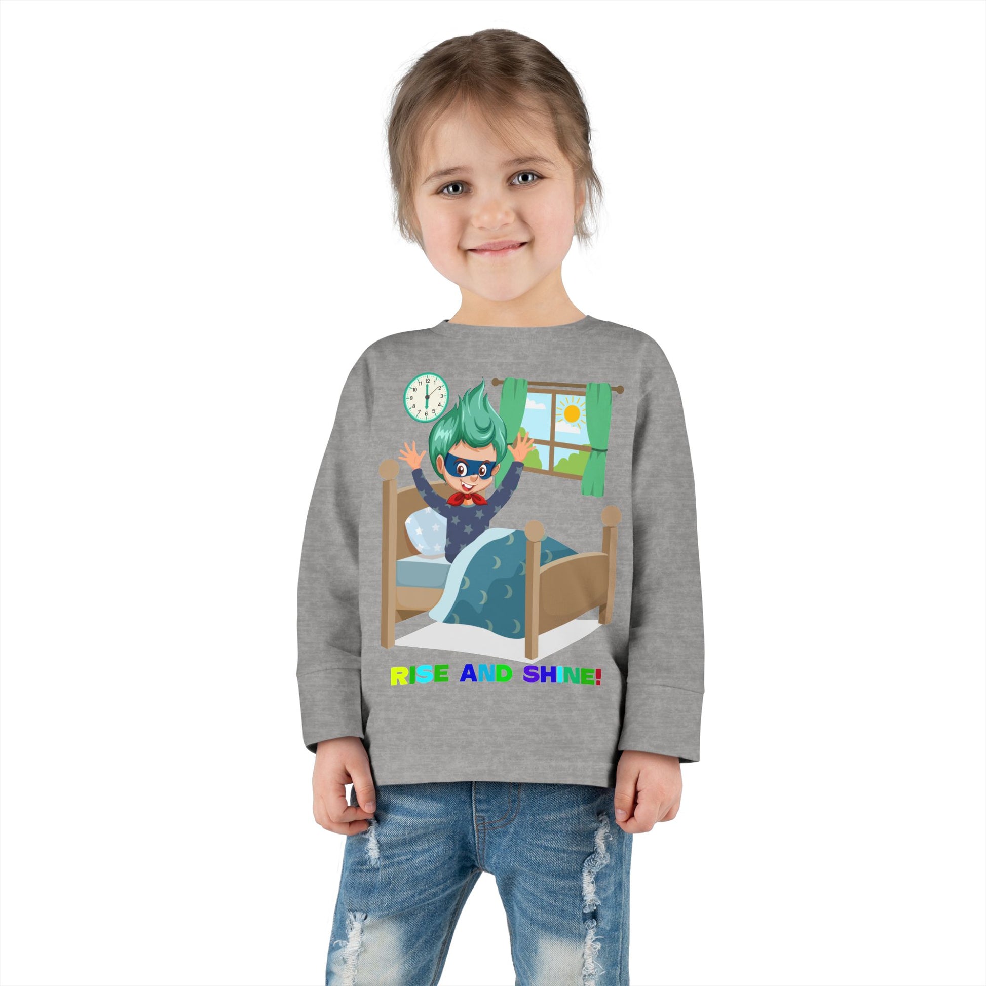 Toddler Long Sleeve Tee - Super kiddo teaches us to wake up early - [[{"value":"Wonderwear Kid"}]]