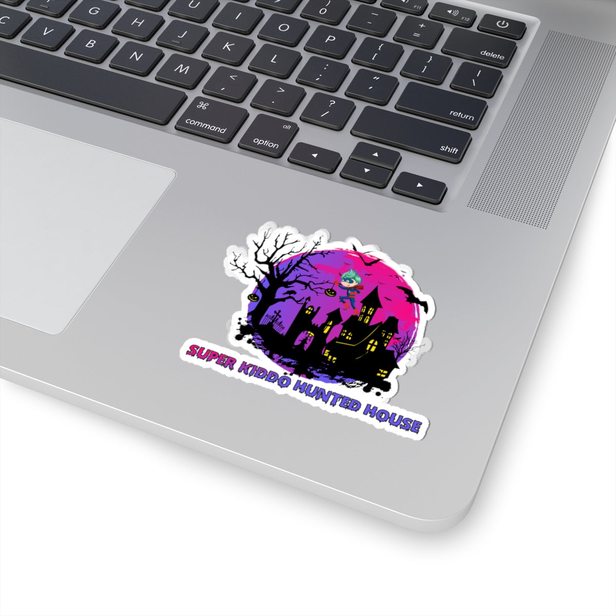 Kiss-Cut Stickers - Super kiddo flying on hunted house - [[{"value":"Wonderwear Kid"}]]