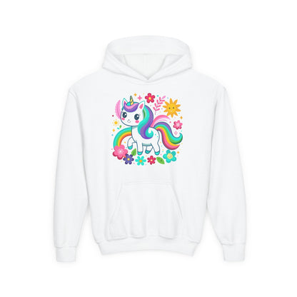 Youth Heavy Blend Hooded Sweatshirt - Unicorn with flowers Printify