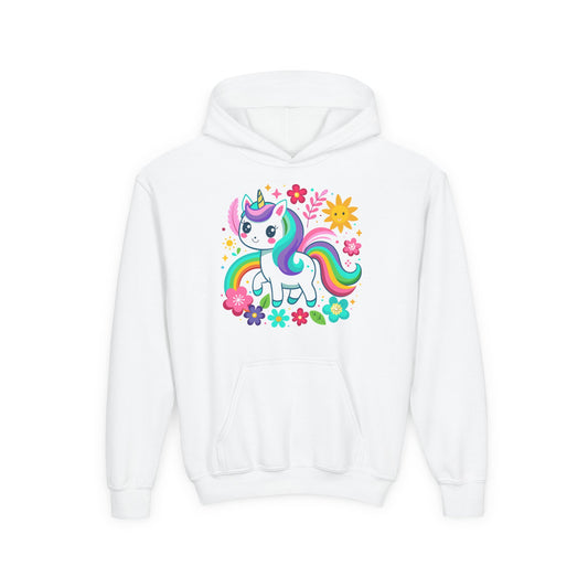 Youth Heavy Blend Hooded Sweatshirt - Unicorn with flowers