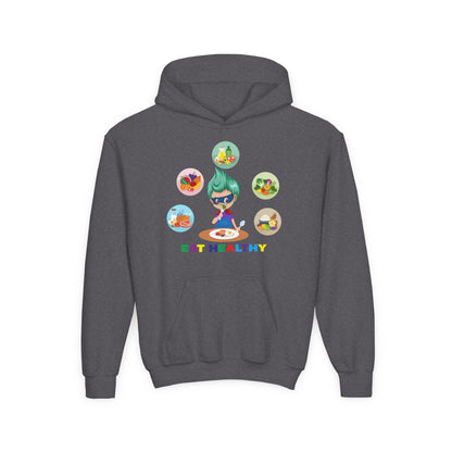 Youth Heavy Blend Hooded Sweatshirt - Supper kiddo showing healthy food to eat - [[{"value":"Wonderwear Kid"}]]