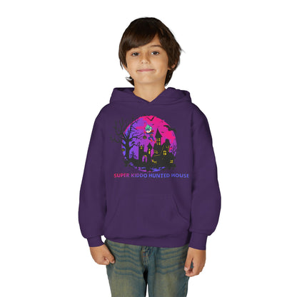 Youth Heavy Blend Hooded Sweatshirt - Super kiddo flying on hunted house - [[{"value":"Wonderwear Kid"}]]