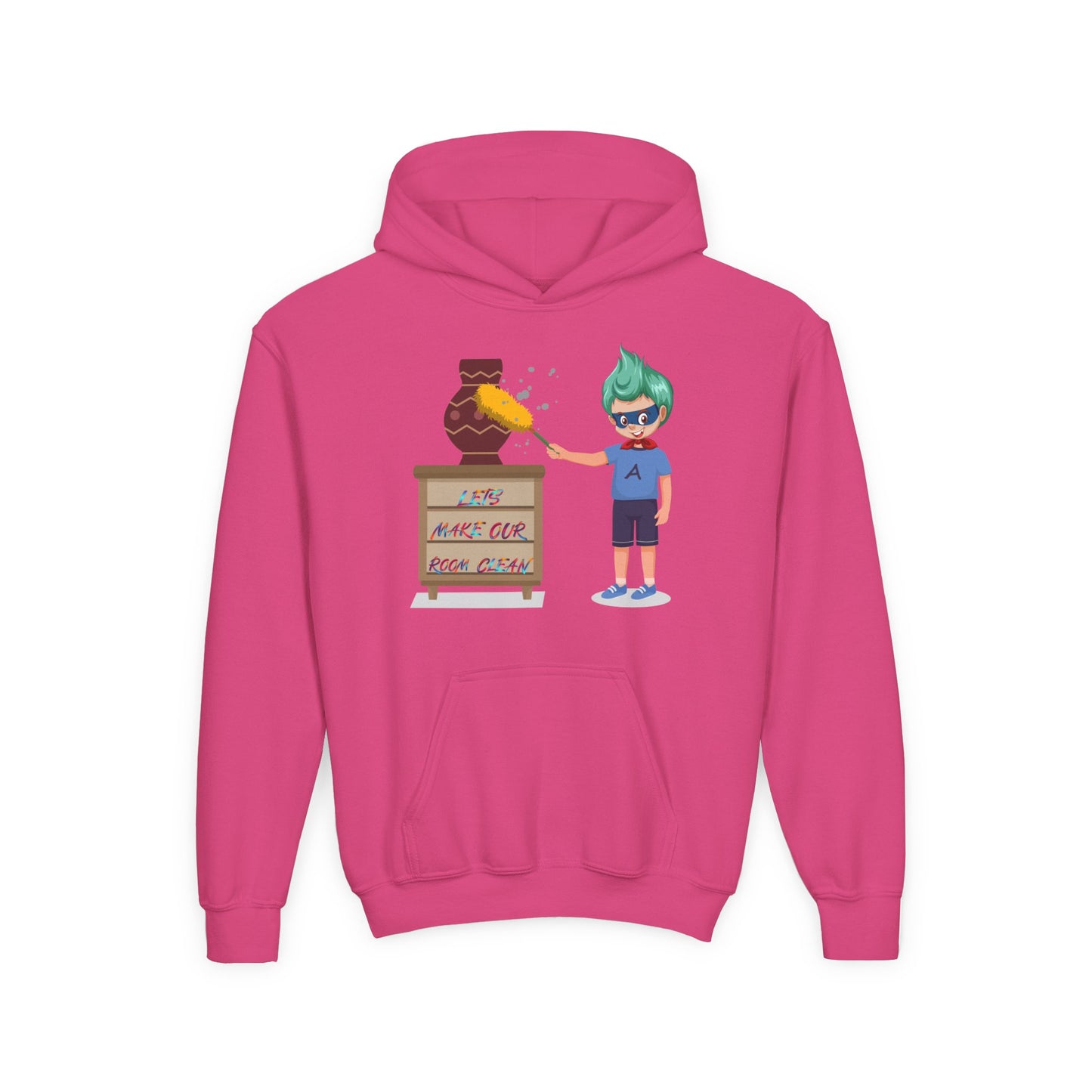 Youth Heavy Blend Hooded Sweatshirt - Super kiddo cleaning a vase