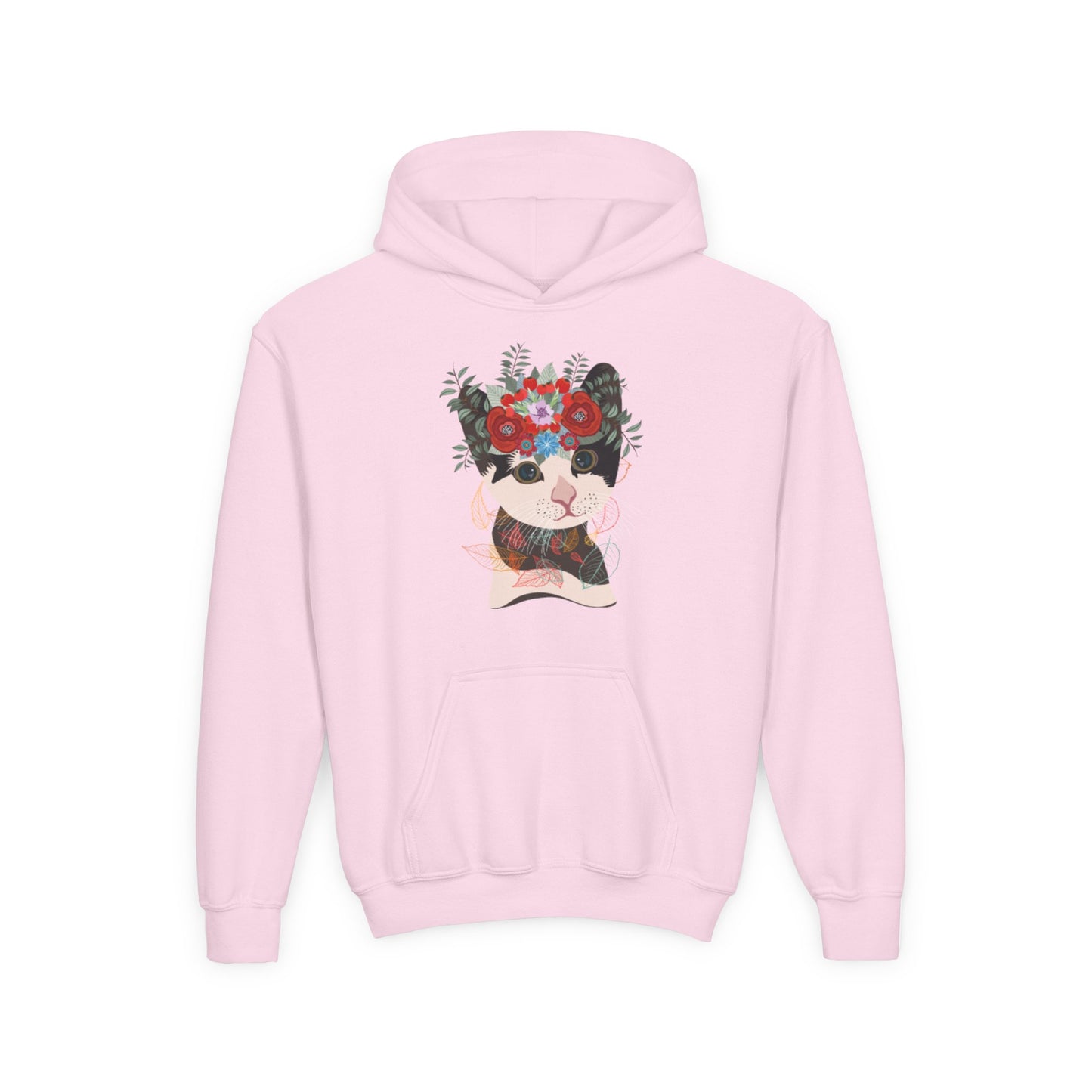 Youth Heavy Blend Hooded Sweatshirt - Lovely cat with crown flower