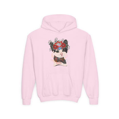 Youth Heavy Blend Hooded Sweatshirt - Lovely cat with crown flower Printify