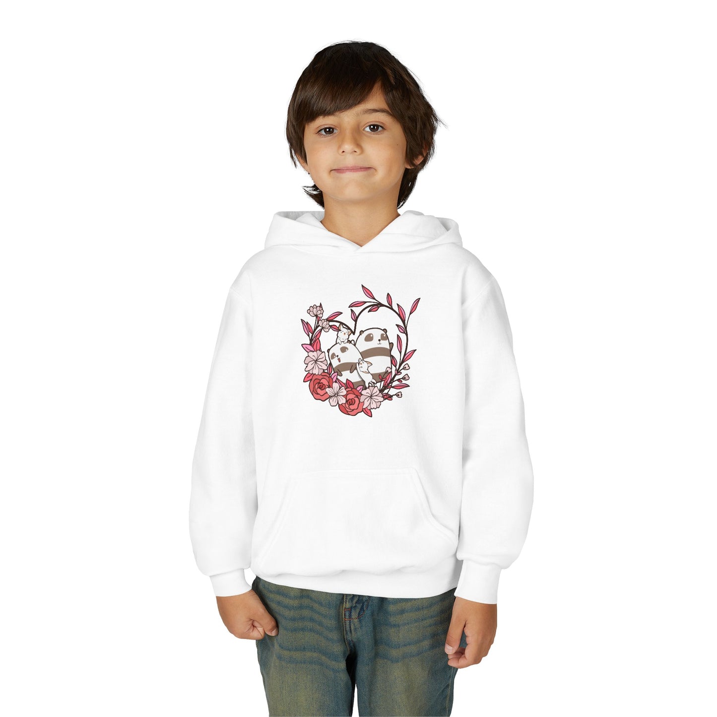 Youth Heavy Blend Hooded Sweatshirt - Panda and cat love