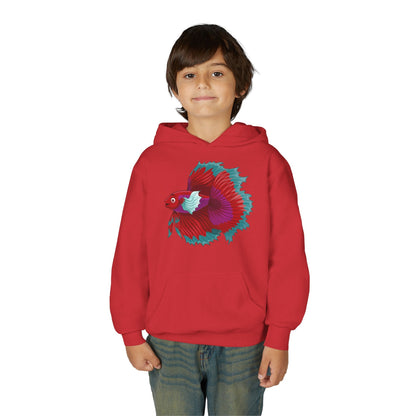 Youth Heavy Blend Hooded Sweatshirt - Red Siamese fighting fish Printify