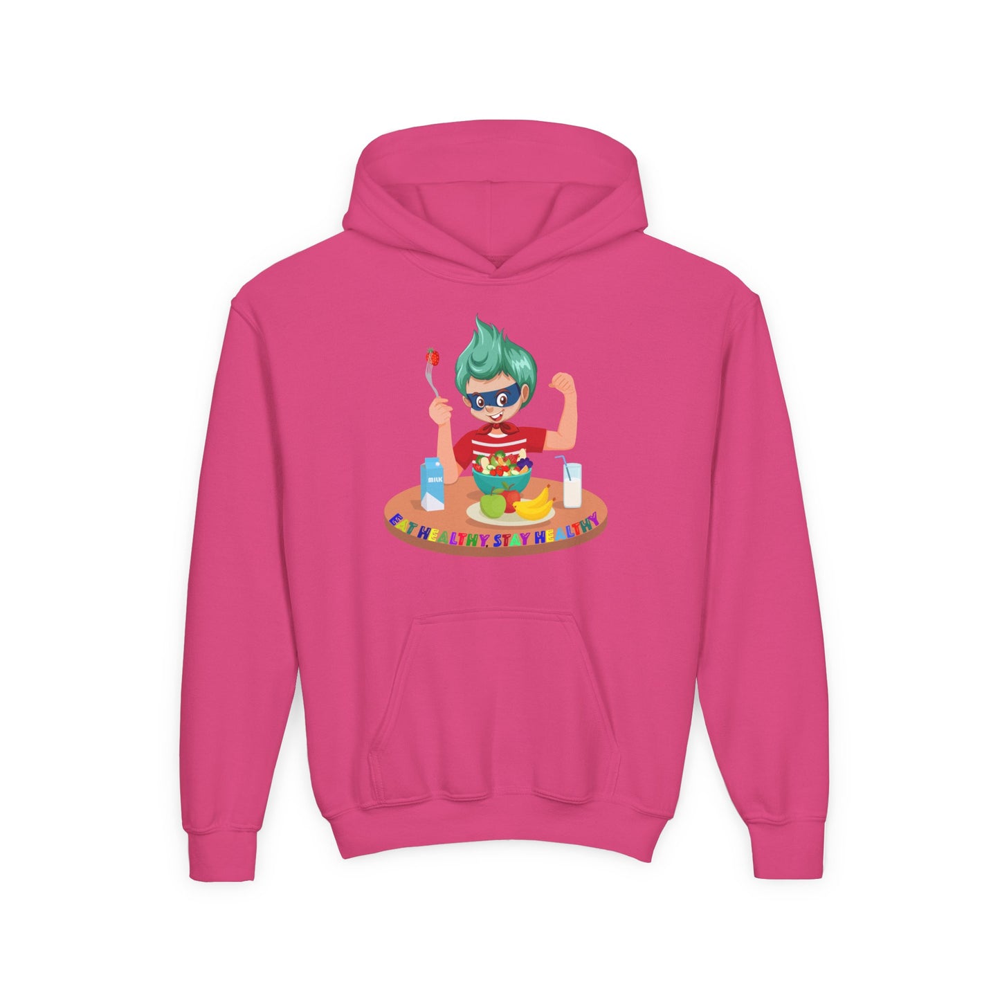 Youth Heavy Blend Hooded Sweatshirt - super kiddo eating healthy food