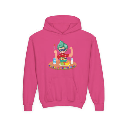 Youth Heavy Blend Hooded Sweatshirt - super kiddo eating healthy food - [[{"value":"Wonderwear Kid"}]]