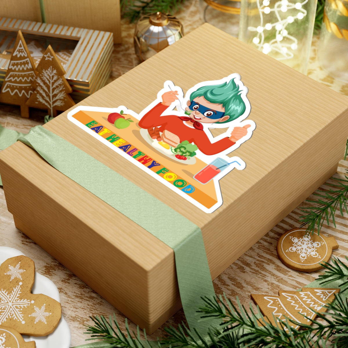 Kiss-Cut Stickers - Super kiddo eating healthy breafast - [[{"value":"Wonderwear Kid"}]]