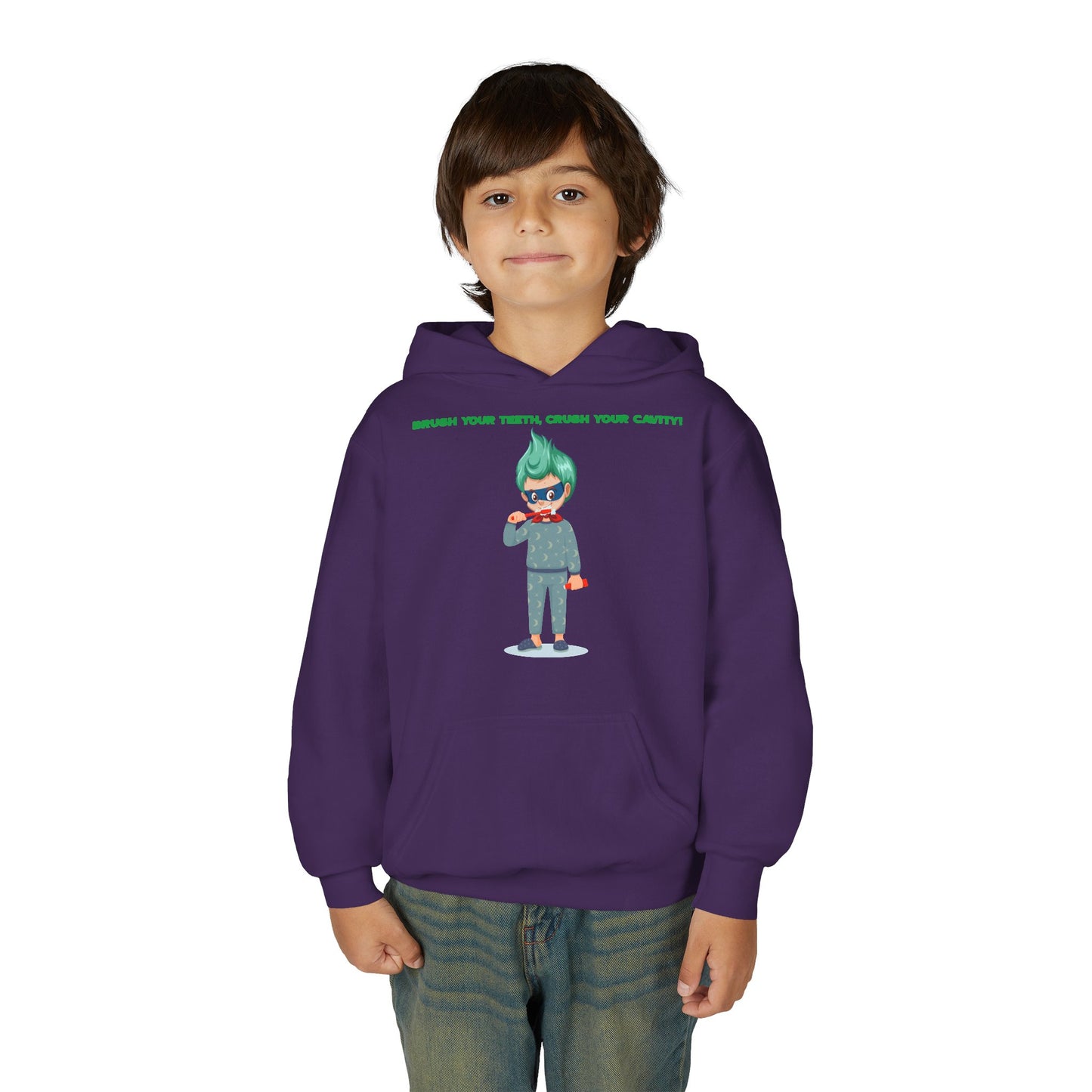 Youth Heavy Blend Hooded Sweatshirt - Super kiddo brushing teeth