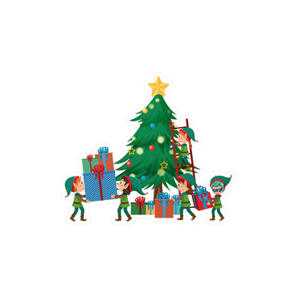 Christmas Kiss-Cut Vinyl Decals – Super kiddo putting gifts on christmas tree - [[{"value":"Wonderwear Kid"}]]