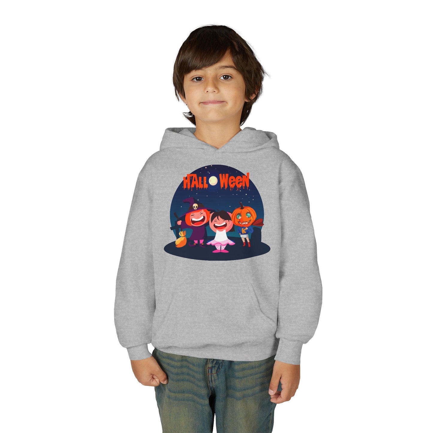 Youth Heavy Blend Hooded Sweatshirt - Super kiddo wearing pumpkin