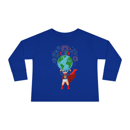 Toddler Long Sleeve Tee - Super kiddo holding globe - [[{"value":"Wonderwear Kid"}]]
