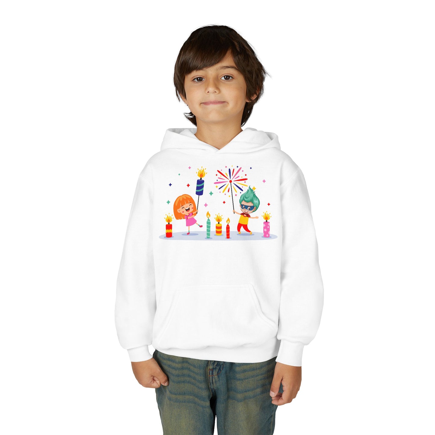 Youth Heavy Blend Hooded Sweatshirt - Super kiddo lighting fireworks