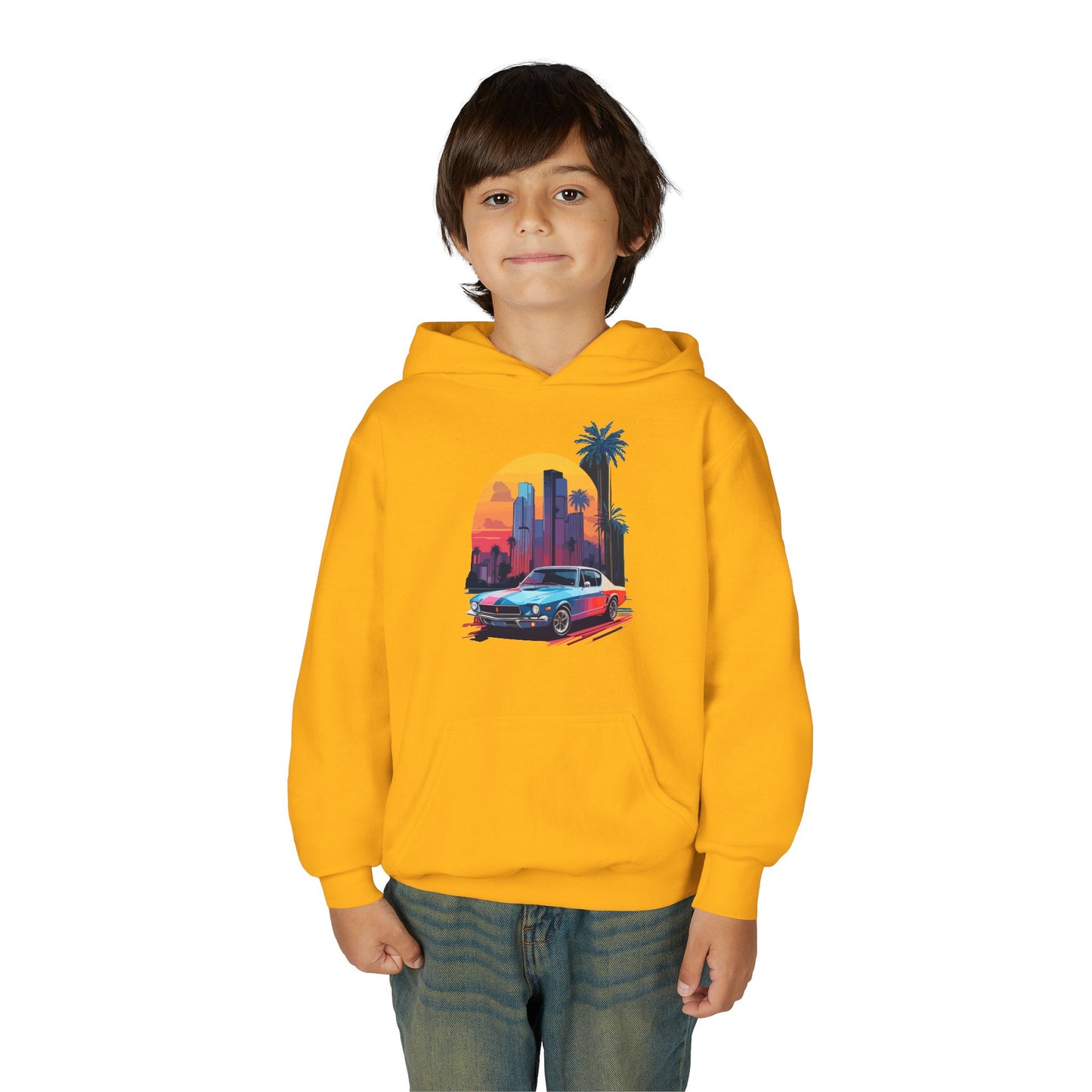 Youth Heavy Blend Hooded Sweatshirt - Vintage Car Sunset