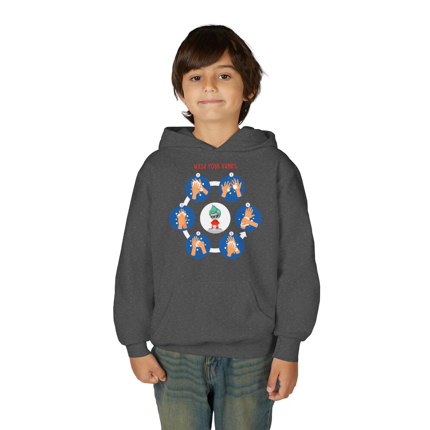Youth Heavy Blend Hooded Sweatshirt - Super kiddo teaching how to wash hands