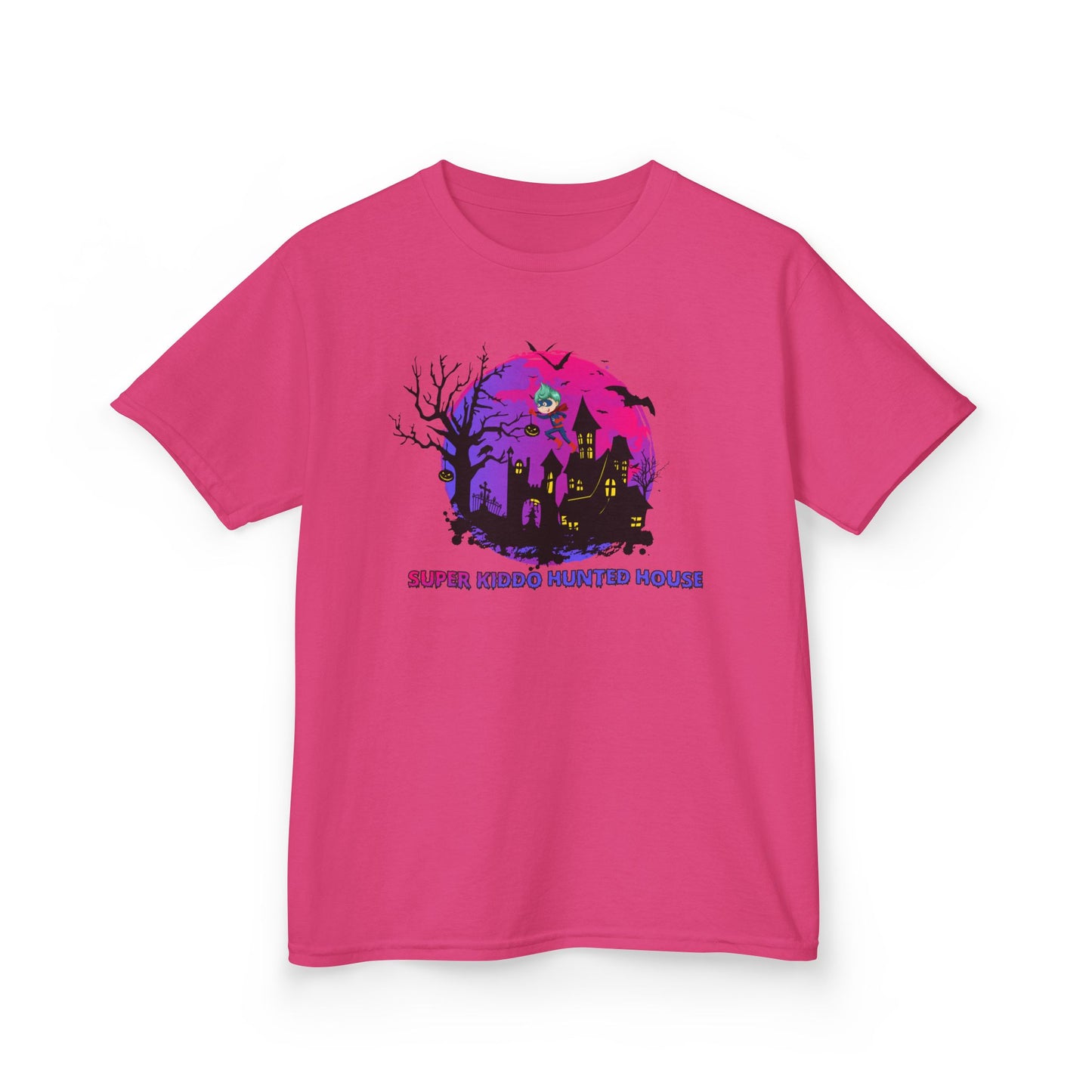 Kids Heavy Cotton™ Tee - Super kiddo flying on hunted house - [[{"value":"Wonderwear Kid"}]]