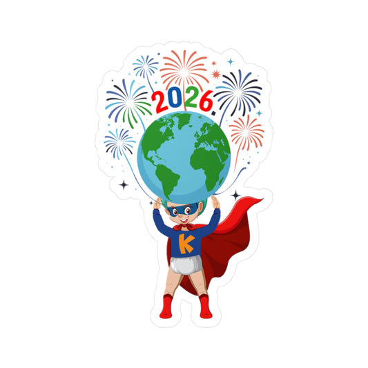 Christmas Kiss-Cut Vinyl Decals – Super kiddo holding globe - [[{"value":"Wonderwear Kid"}]]
