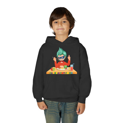 Youth Heavy Blend Hooded Sweatshirt - Super kiddo eating healthy breafast - [[{"value":"Wonderwear Kid"}]]