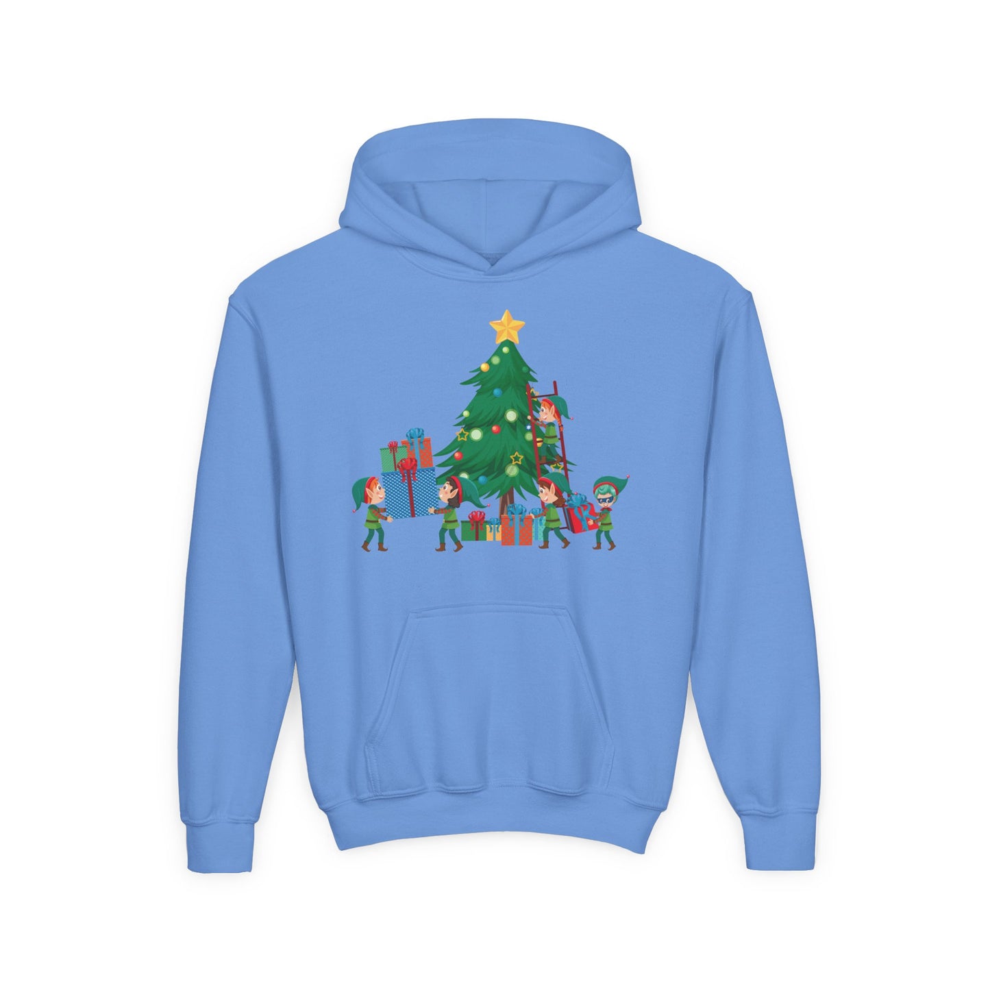 Youth Heavy Blend Hooded Sweatshirt - Super kiddo putting gifts on christmas tree