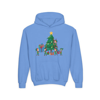 Youth Heavy Blend Hooded Sweatshirt - Super kiddo putting gifts on christmas tree - [[{"value":"Wonderwear Kid"}]]