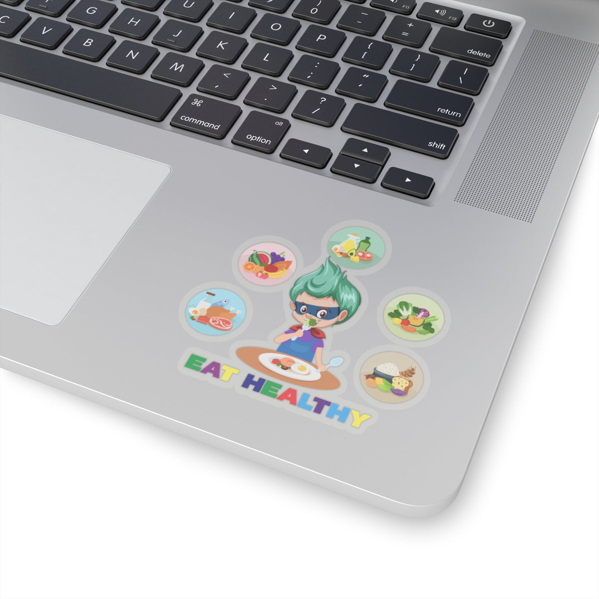 Kiss-Cut Stickers - Supper kiddo showing healthy food to eat - [[{"value":"Wonderwear Kid"}]]
