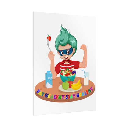 Rolled Posters - super kiddo eating healthy food - [[{"value":"Wonderwear Kid"}]]