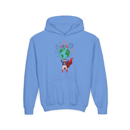 Youth Heavy Blend Hooded Sweatshirt - Super kiddo holding globe - [[{"value":"Wonderwear Kid"}]]