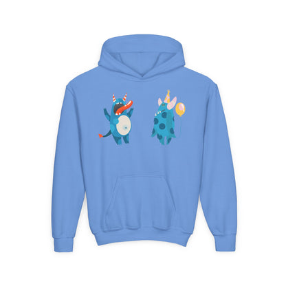 Youth Heavy Blend Hooded Sweatshirt - Blue monsters in action Printify
