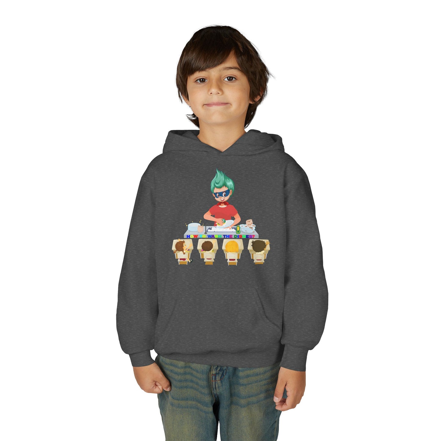 Youth Heavy Blend Hooded Sweatshirt - Little kiddo teaching to wash dishes