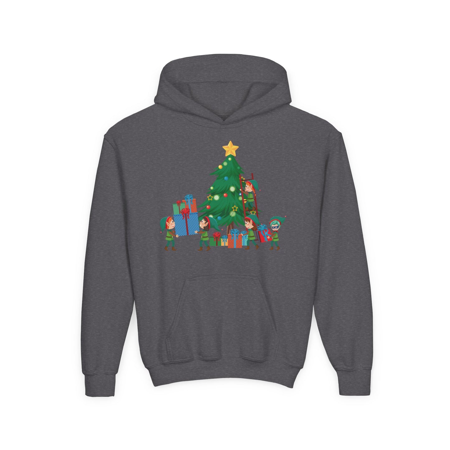 Youth Heavy Blend Hooded Sweatshirt - Super kiddo putting gifts on christmas tree