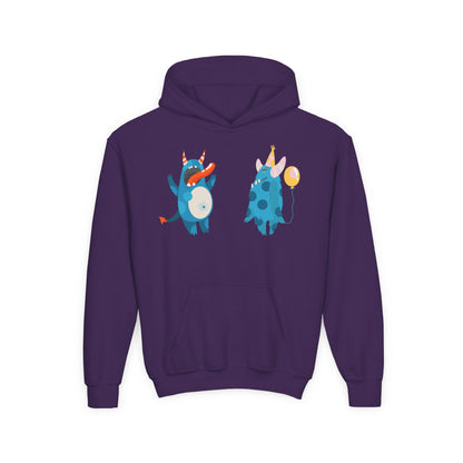 Youth Heavy Blend Hooded Sweatshirt - Blue monsters in action Printify