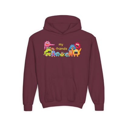 Youth Heavy Blend Hooded Sweatshirt - Colorful Monster Friends Printify
