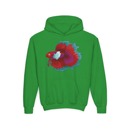 Youth Heavy Blend Hooded Sweatshirt - Red Siamese fighting fish Printify