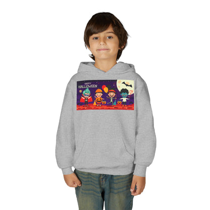 Youth Heavy Blend Hooded Sweatshirt - Super kiddo with friends on holloween - [[{"value":"Wonderwear Kid"}]]
