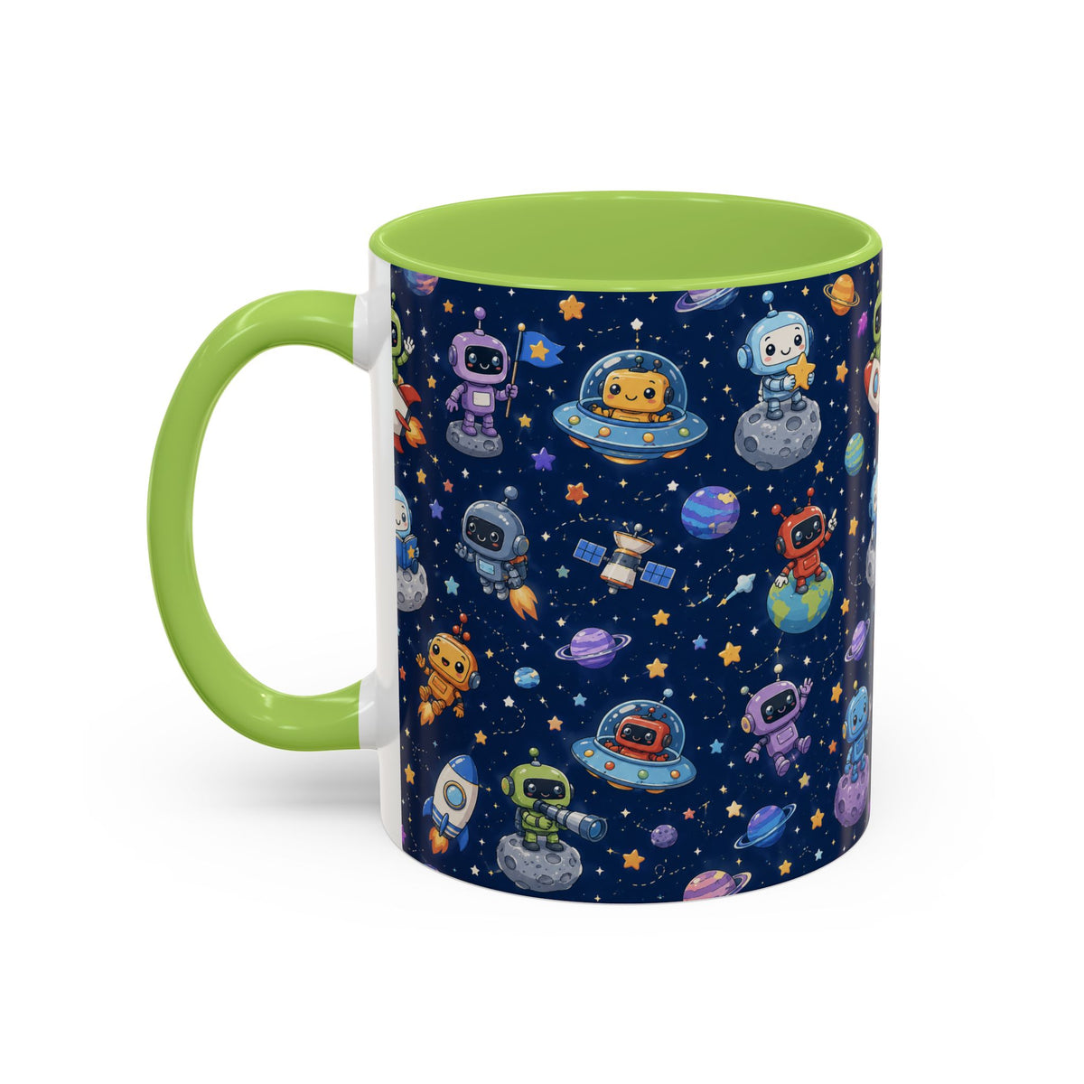 Galactic Robots Accent Coffee Mug — Cute Space Astronaut Pattern (11/15 oz)