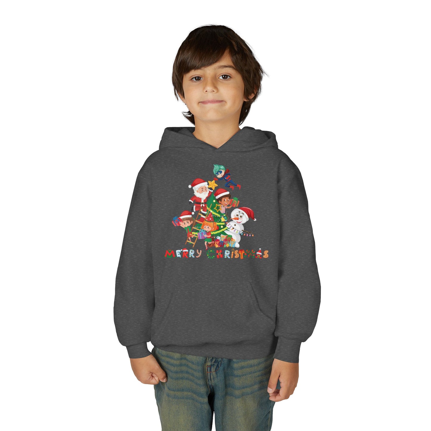 Youth Heavy Blend Hooded Sweatshirt - Super kiddo making christmas tree with text