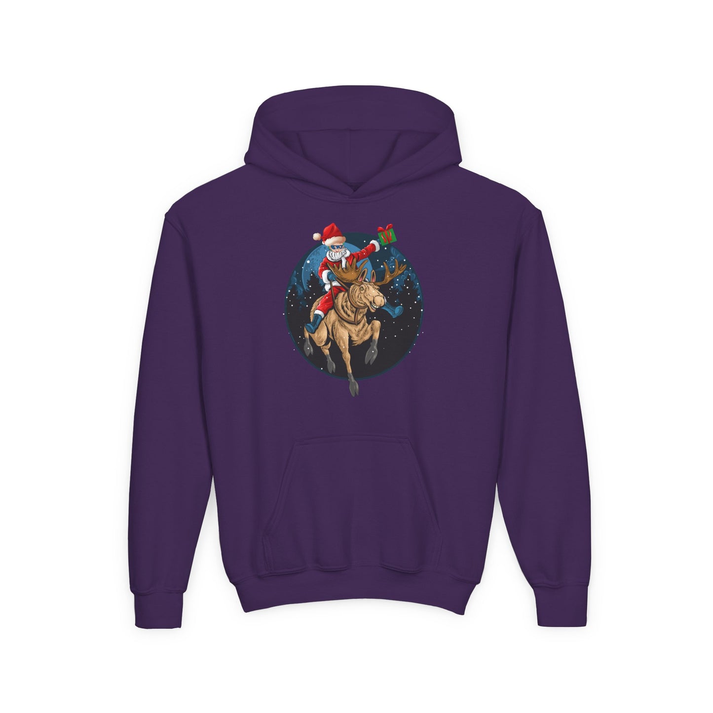 Youth Heavy Blend Hooded Sweatshirt - Super kiddo riding a reindeer