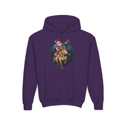 Youth Heavy Blend Hooded Sweatshirt - Super kiddo riding a reindeer - [[{"value":"Wonderwear Kid"}]]
