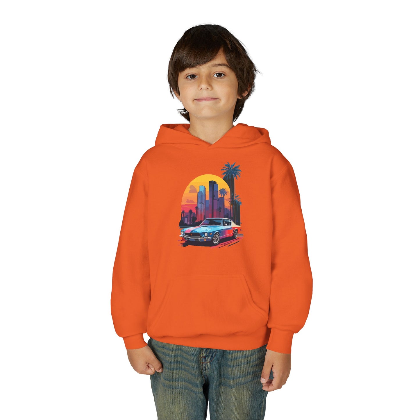 Youth Heavy Blend Hooded Sweatshirt - Vintage Car Sunset