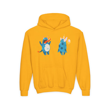 Youth Heavy Blend Hooded Sweatshirt - Blue monsters in action Printify