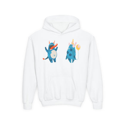 Youth Heavy Blend Hooded Sweatshirt - Blue monsters in action Printify