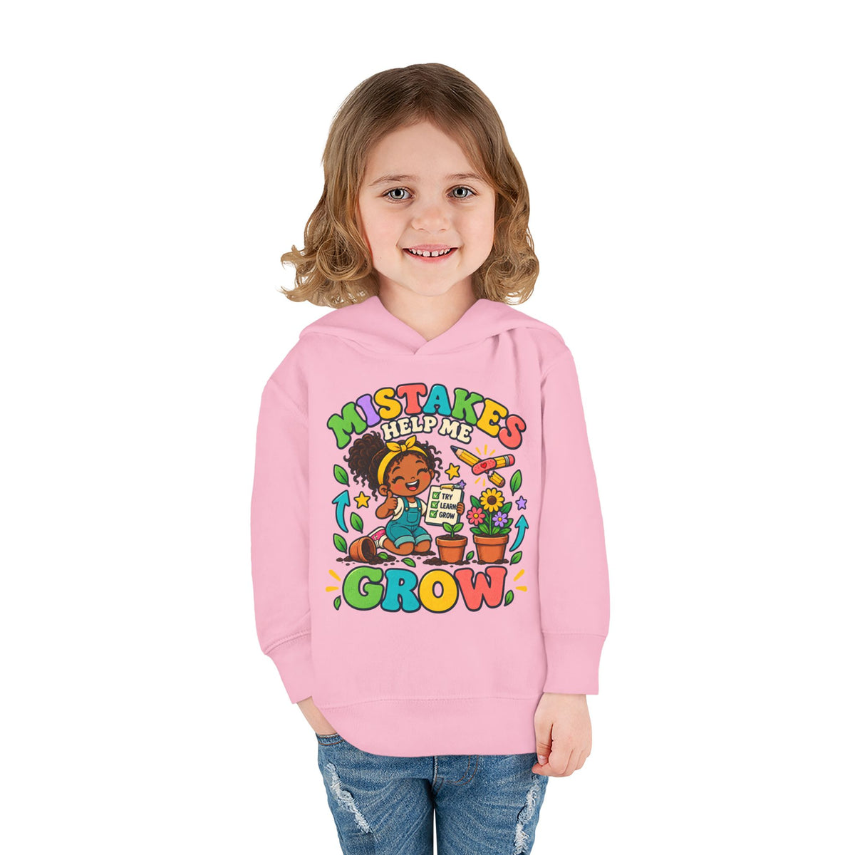 Toddler Hoodie — "Mistakes Help Me Grow" Cute Plant Pot Positive Growth Pullover